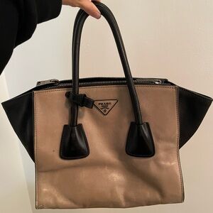 Prada Glace Calf Bi-Color Twin Pocket Tote Pomice Black
